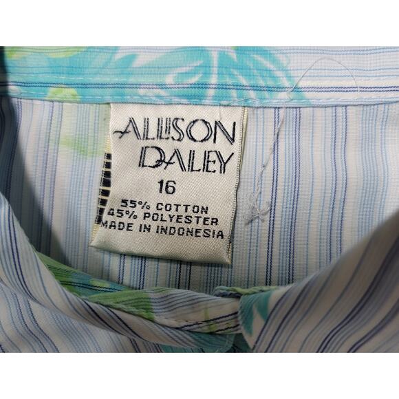 Allison Daley Blue Green Striped Floral Butterflies Button Up Top 16 Lightweight - Picture 4 of 4